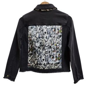 APNY Denim Jacket Women S Black Cotton Blend Graffiti Frayed Button Distressed